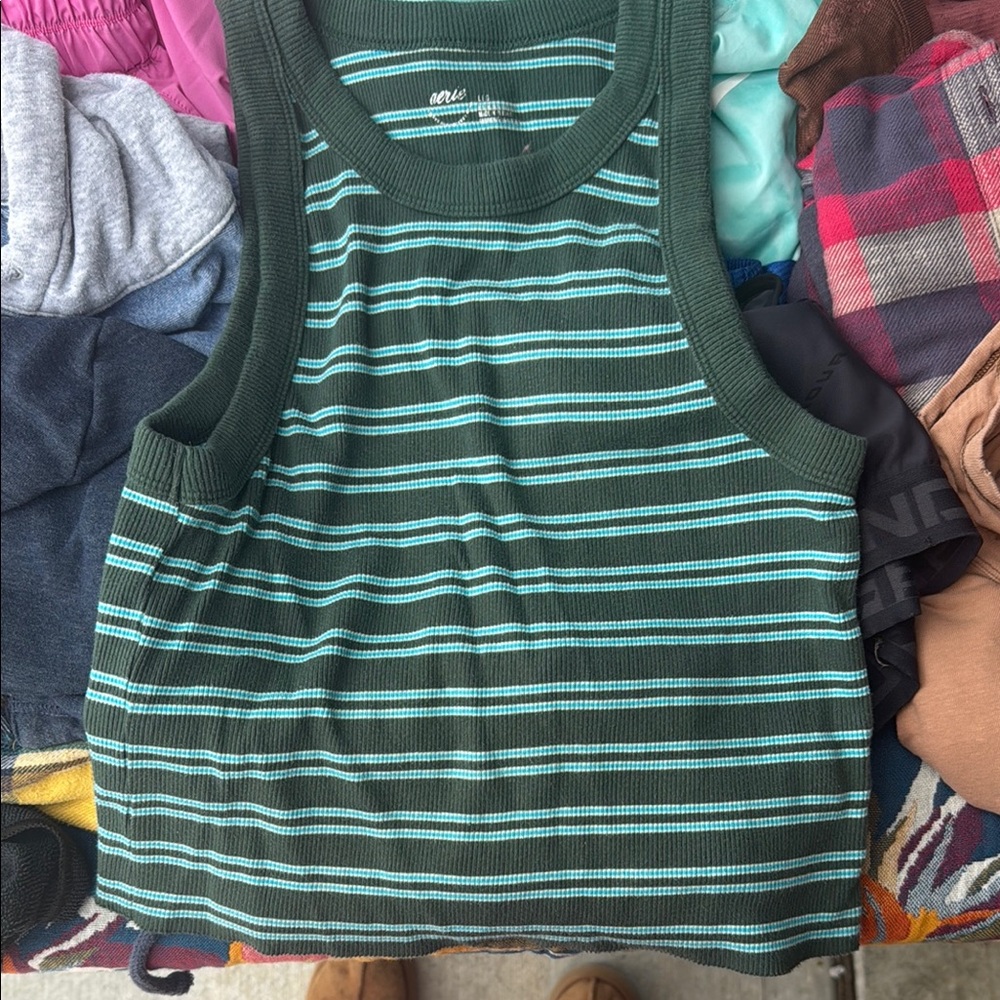Aerie Dark Green and Blue Striped Top